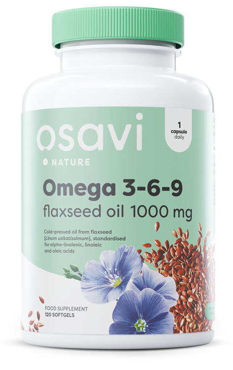 Osavi Omega 3-6-9 Flaxseed Oil 1000mg Olej Lniany Wspiera Prawidłowe Trawienie Wykazuje Właściwośći  Antyoksydacyjne 120 Kapsułek