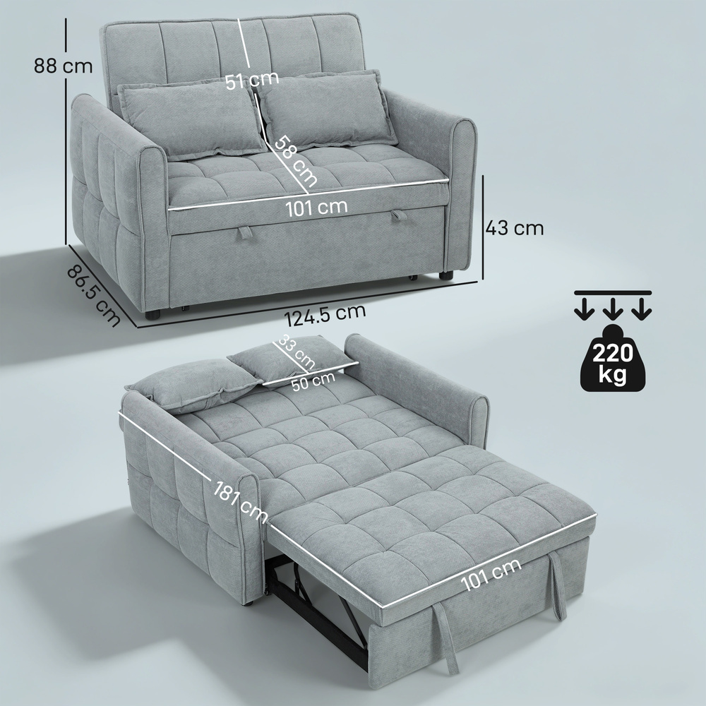 HOMCOM 2 Seater Sofa Bed, 3-in-1 Convertible Sleeper Sofa with Click-clack Adjustable Backrest and 2 Pillows, Grey