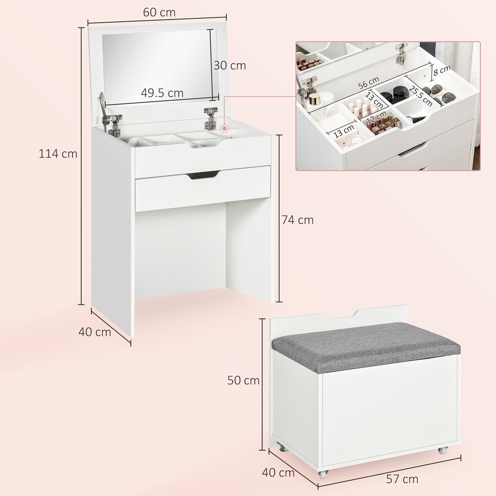 HOMCOM Dressing Table with Flip-up Mirror and Storage Stool, Vanity Table with Drawer and Hidden Compartments for Bedroom, Living Room, White