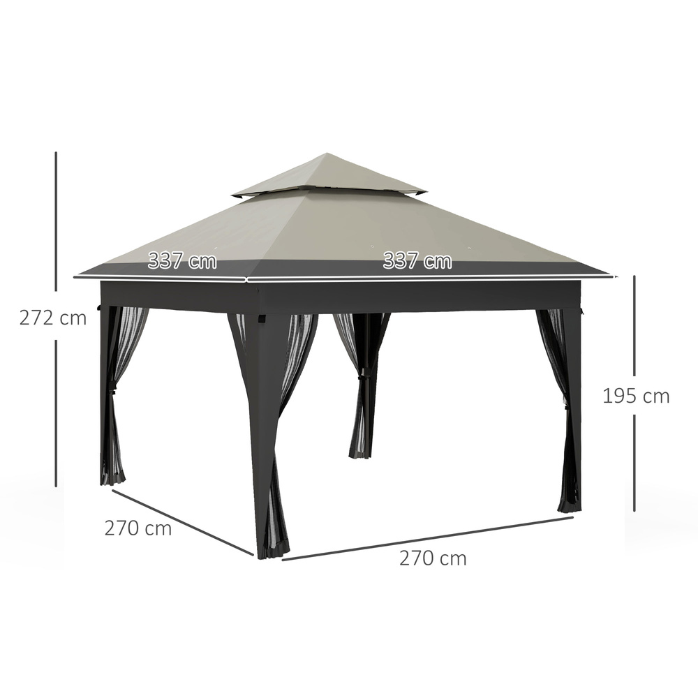 Outsunny 3 x 3(m) Pop Up Gazebo with Mosquito Netting, 1 Person Easy up Marquee Party Tent with 1-Button Push, Double Roof, Carry Bag, Sandbags, Height Adjustable Instant Shelter, Grey
