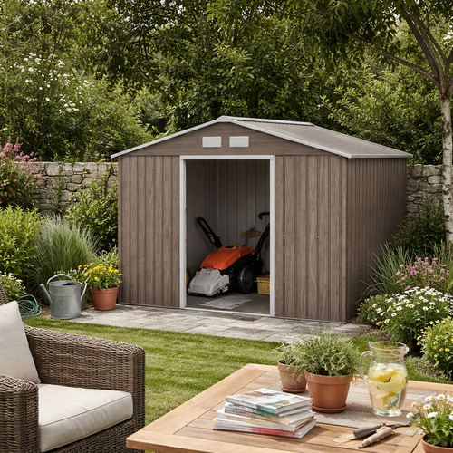 Outsunny 9 x 6ft Steel Garden Shed, Outdoor Storage Tool House with Vents, Foundation and Lockable Double Doors, Brown
