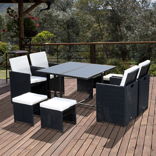 Outsunny 9 Piece Rattan Cube Garden Furniture Dining Set with Armchairs, Footstools and Glass-Top Table, Black