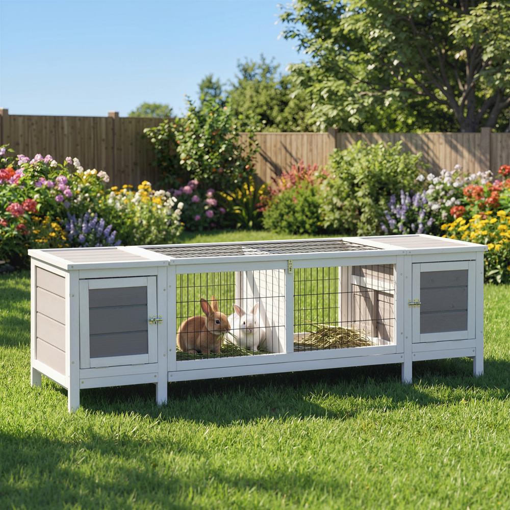 PawHut Rabbit Hutch and Run, with Removable Tray - Grey