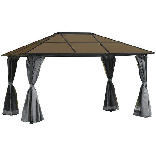 Outsunny 3 x 4m Hardtop Gazebo Canopy with Polycarbonate Roof, Aluminium Frame, Permanent Pavilion Garden Gazebo with Netting and Curtains - Grey