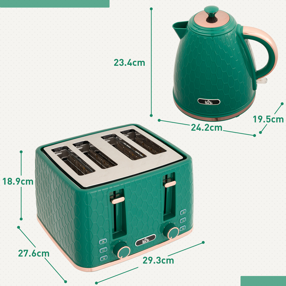 HOMCOM Kettle and Toaster Set, 1.7L 3000W Fast Boil Jug Kettle with Auto Shut Off, 4 Slice Toaster with 7 Level Browning Controls & Crumb Tray, UK Otter Thermostat, Green