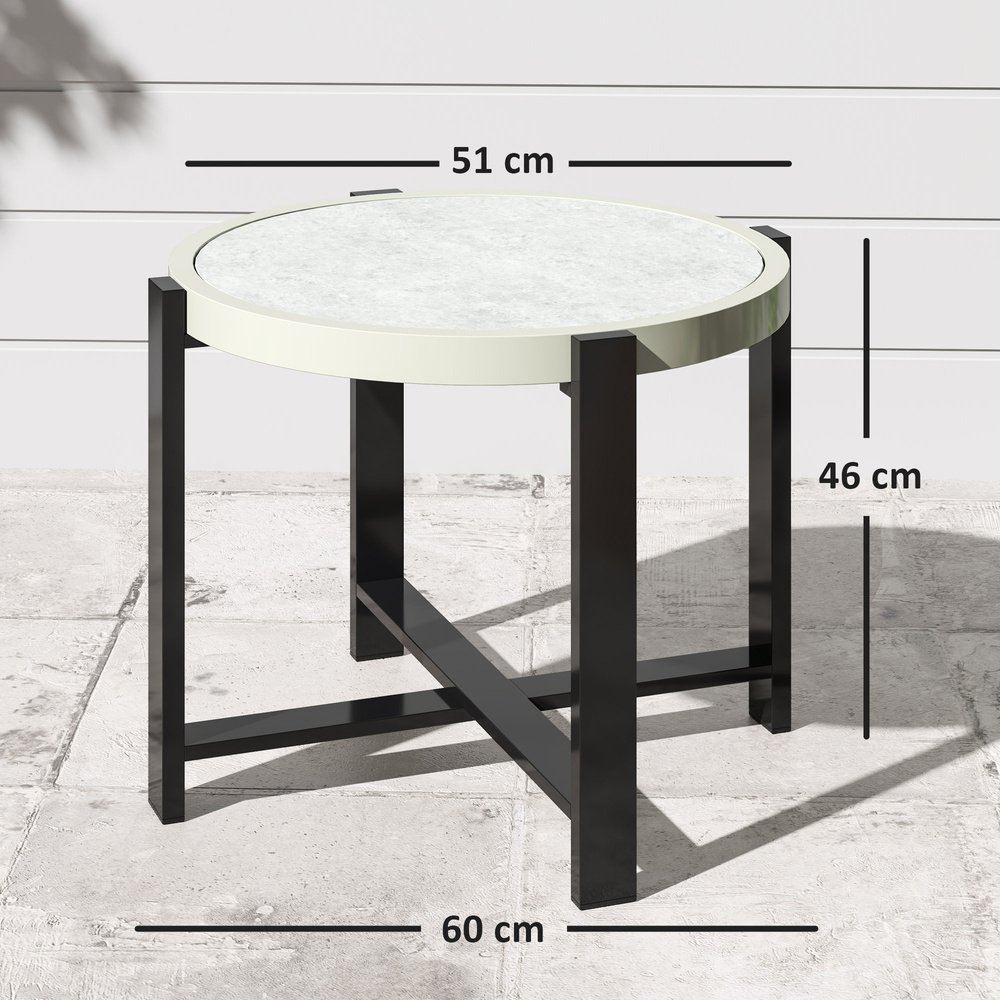 Outsunny Round Small Garden Table, 60cm Outdoor Side Table with Faux Marble Tempered Glass Top, Aluminium Frame for Garden, Patio, Balcony, Light Grey
