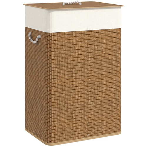 HOMCOM Bamboo Laundry Basket with Lid, 72L Laundry Hamper with Rope Handles, Washing Basket with Removable Washable Liner Bag for Bathroom, Bedroom, Brown