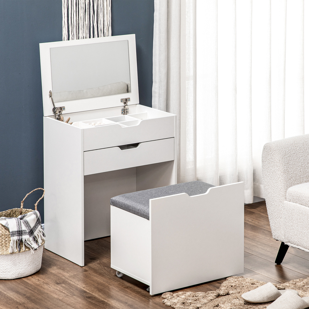 HOMCOM Dressing Table with Flip-up Mirror and Storage Stool, Vanity Table with Drawer and Hidden Compartments for Bedroom, Living Room, White
