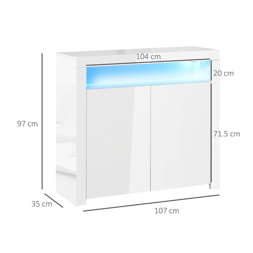 HOMCOM 2-Door Sideboard with LED Light, High Gloss Lighted Storage Cabinet with Shelves and Open Compartment, Modern Kitchen Sideboard for Dining Room, Living Room, 107 x 35 x 97cm, White