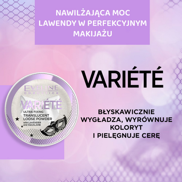Eveline Variete Ultra Fixing Transparentny Sypki Puder do Twarzy z Matowym Wykończeniem Lavenda Skwalan 6ml