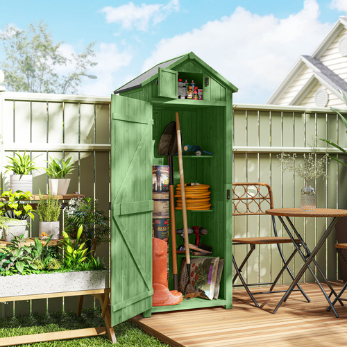 Outsunny Small Shed, Tall Slim Wooden Garden Shed with 3 Removable Shelves and Roof Hatch, Compact Outdoor Tool Storage Cabinet with Asphalt Roof and Door Latch, 77 x 54.2 x 179 cm, Green