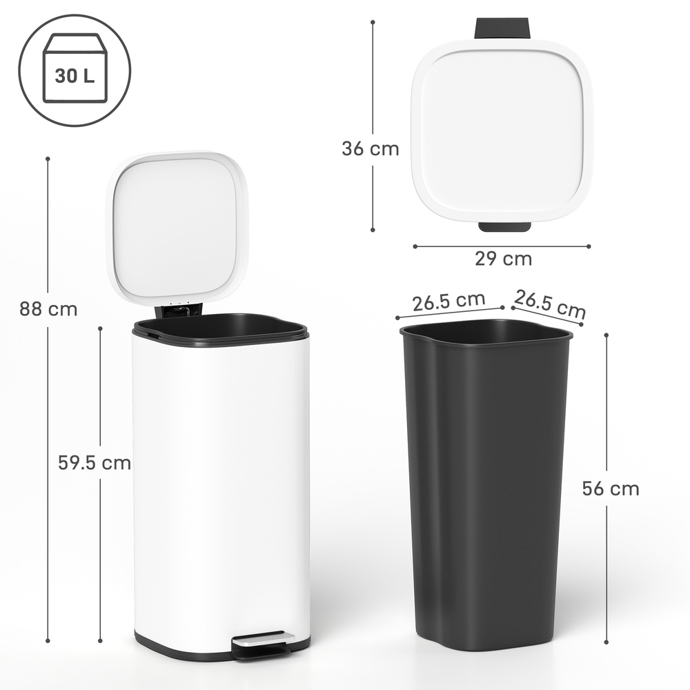 HOMCOM 30L Kitchen Bin, Compact Pedal Bin with Soft-Close and Stay-Open Lid, Removable Bucket for Kitchen, Home, Office, White