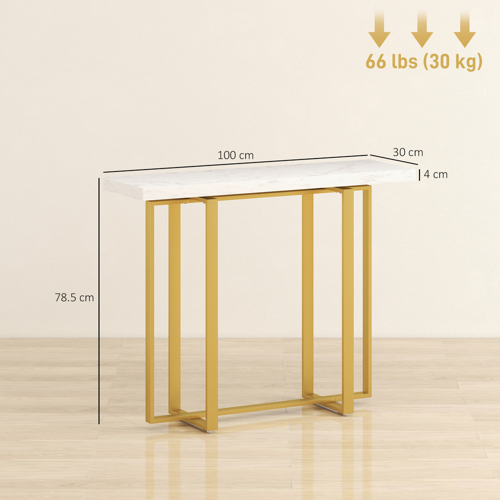HOMCOM Console Table with Faux Marble Top, 100 cm Narrow Entryway Table with Anti-tipping Device, Steel Frame, White