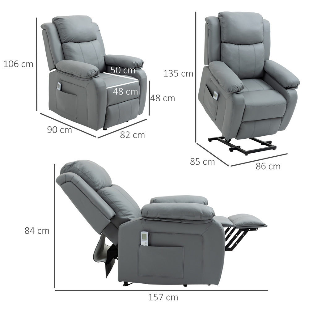 HOMCOM Riser and Recliner Chair with Massage, Power Lift Recliner Chair for Elderly with Remote Control, Extended Footrest, Dual Side Pockets, Overstuffed Electric Reclining Armchair, Grey