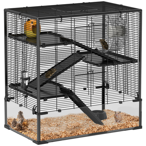 PawHut Four-Tier Hamster Cage with Deep Tempered Glass Bottom, Hut, Running Wheel, Food Dish, Water Bottle, 78.5 x 48.5 x 80cm