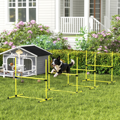 PawHut 4 Pieces Dog Agility Training Equipment, Adjustable Height Jumps Hurdle with Carrying Bag for Outdoor, Yellow