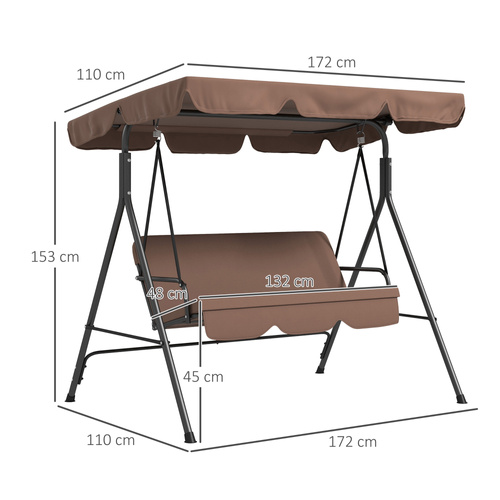 Outsunny 3 Seater Garden Swing Chair, Outdoor Swing Chair with Adjustable Canopy, Mental Frame & Cushions, Brown