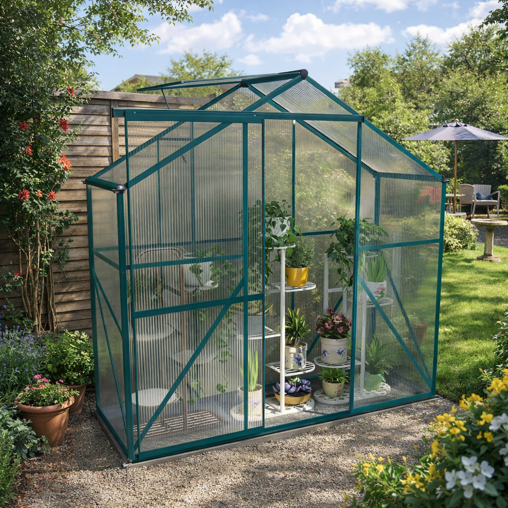 Outsunny 6 x 2.5ft Polycarbonate Greenhouse Walk-In Green House with Rain Gutter, Sliding Door, Window, Foundation, Green