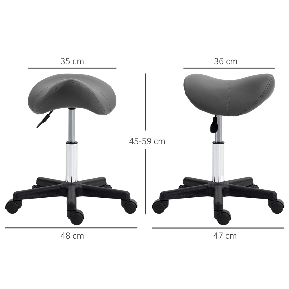 HOMCOM Saddle Stool, PU Leather Adjustable Rolling Salon Chair with Steel Frame for Massage, Spa, Beauty and Tattoo, Grey