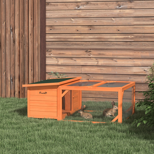 PawHut Rabbit Hutch Outdoor Guinea Pig Hutch with Run Small Animal Off-ground Duck House Hideaway Garden with Openable Roof 125.5 x 100 x 49cm Orange
