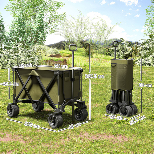 Outsunny Folding Garden Trolley, Cargo Traile on Wheels, Collapsible Camping Trolley, Outdoor Utility Wagon with Steel Frame and Oxford Fabric, Green