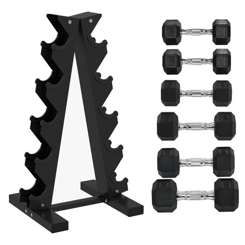 SPORTNOW 5-Tier Dumbbell Rack with 6 Hexagonal Rubber Dumbbells (2x4kg, 2x5kg, 2x6kg), Dumbbell Storage Stand Holder with Weights Sets for Home Gym Fitness, Black