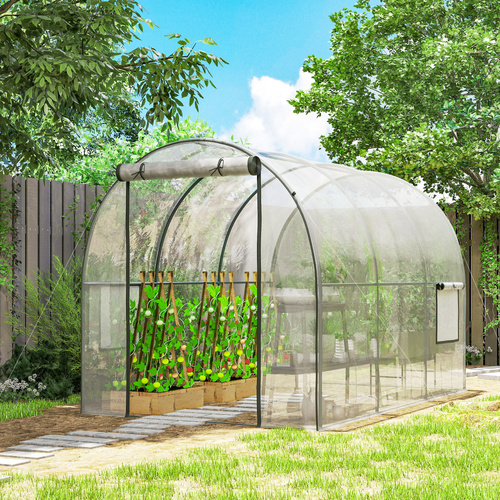 Outsunny Polytunnel Greenhouse Walk-in Grow House with Plasric Cover, Door, Mesh Window and Steel Frame, 3 x 2 x 2m, Clear
