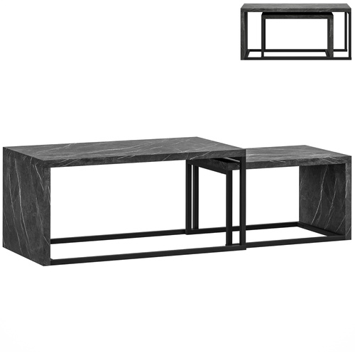 HOMCOM Nesting Coffee Table Set of 2, Industrial Stacking Side End Tables with Metal Frame for Living Room, Bedroom, Dark Grey Marble Effect
