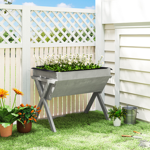 Outsunny Wooden Raised Garden Bed with Bed Liner, Elevated Planter Box with Legs, Light Grey