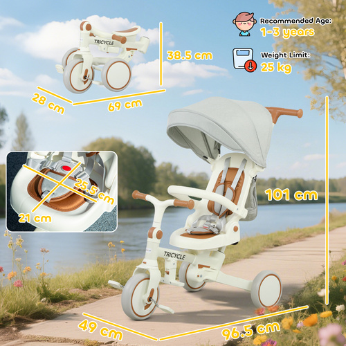 AIYAPLAY 5 in 1 Kids Trike with Adjustable Backrest, Toddler Tricycle with Push Handlebar, Adjustable Backrest, Cream White