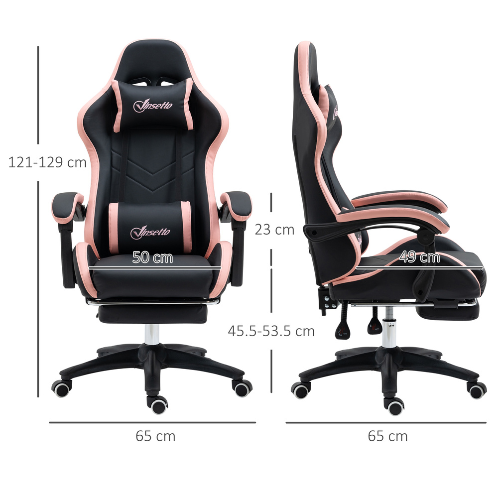 Vinsetto Computer Gaming Chair, PU Leather Office Desk Chair with Footrest, Swivel Wheels, 135° Reclining Back, Lumbar Support, Headrest for Home, Black and Pink