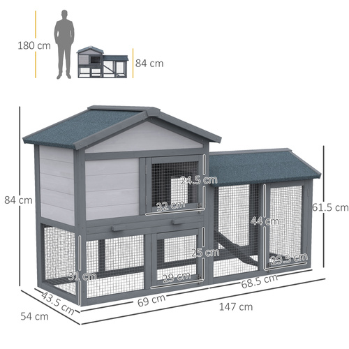 PawHut Wooden Rabbit Hutch Outdoor, Double Tier with Water-Resistant Roof, Ramp 147 x 54 x 84 cm, Grey
