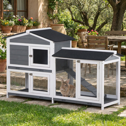 PawHut Wooden 2-Tier Rabbit Hutch w/ Tray Ramp Grey