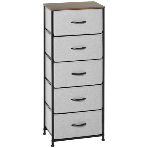 HOMCOM Fabric Chest of Drawers, Industrial Bedroom Dresser with 5 Fabric Drawers, Steel Frame and Wooden Top for Nursery, Living Room, Hallway, Grey