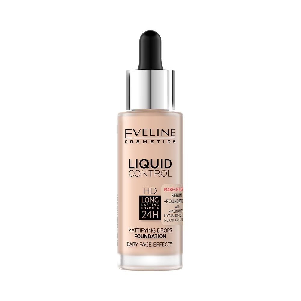 Eveline Liquid Control Mattifying Drops HD Face Foundation with Niacydamide 015 Light Vanilla 32ml