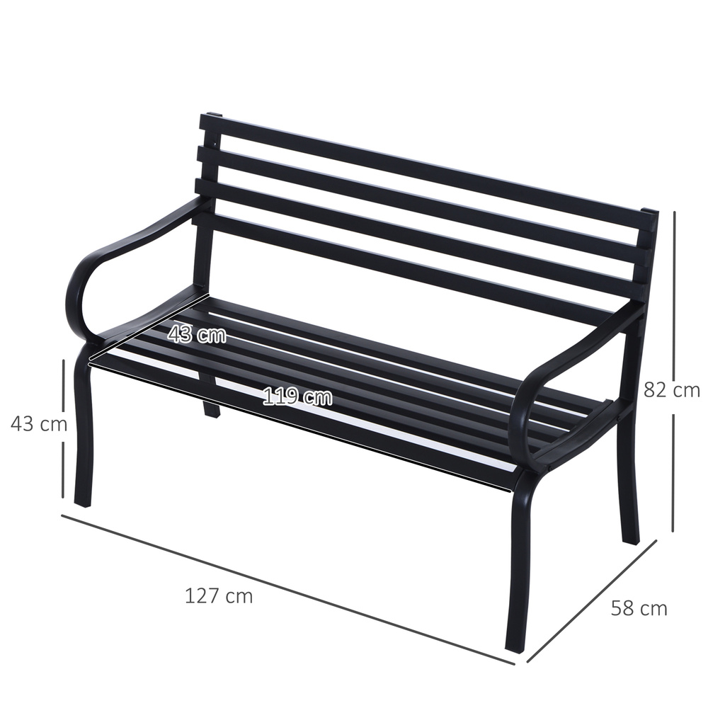 Outsunny Stylish 2 Seater Metal Garden Porch Chair Bench Stable Patio Outdoor Park Metal Bench - Black
