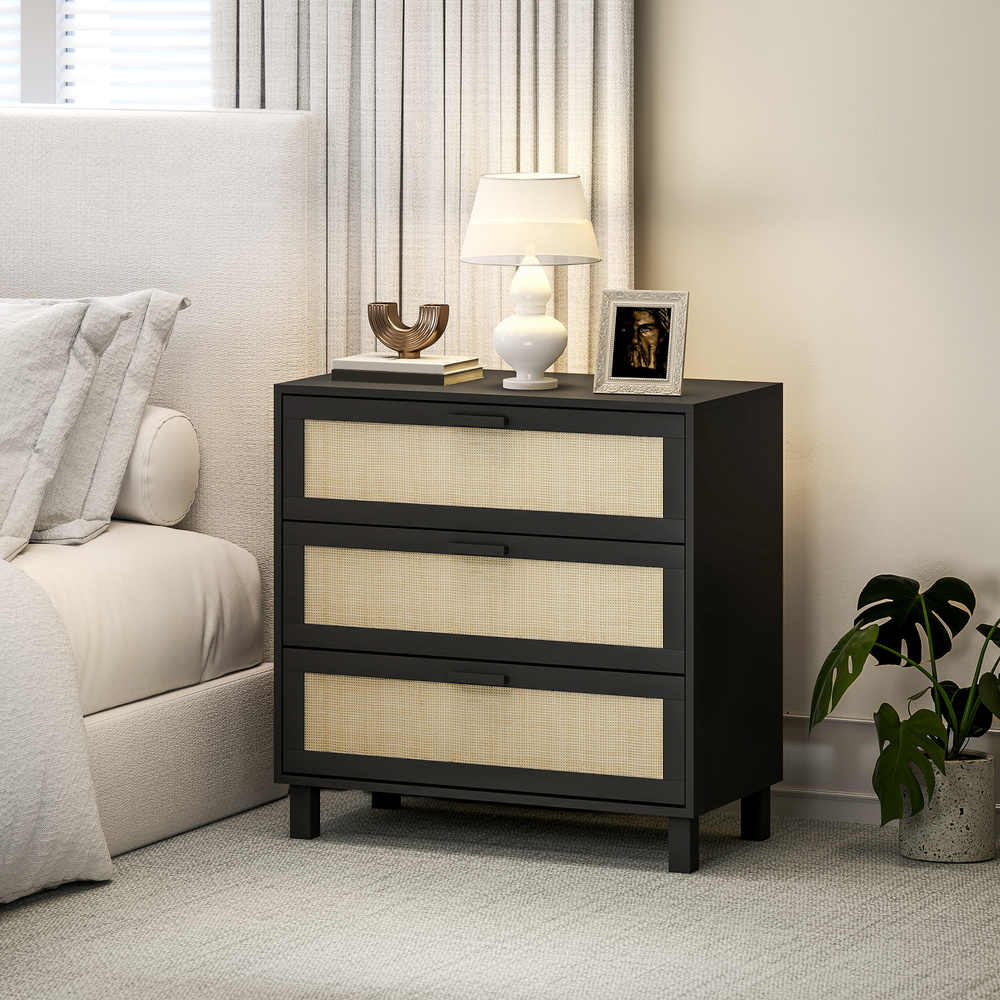 HOMCOM Rattan Bedroom Chest of Drawers, 3 Drawers Storage Unit, Boho Dresser for Living Room, Hallway, Black