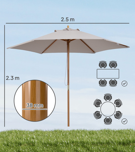Outsunny 2.5m Wood Garden Parasol Sun Shade Patio Outdoor Wooden Umbrella Canopy, Table Market Umbrella with Vent, 38mm Pole, Rope Pulley Mechanism, Grey