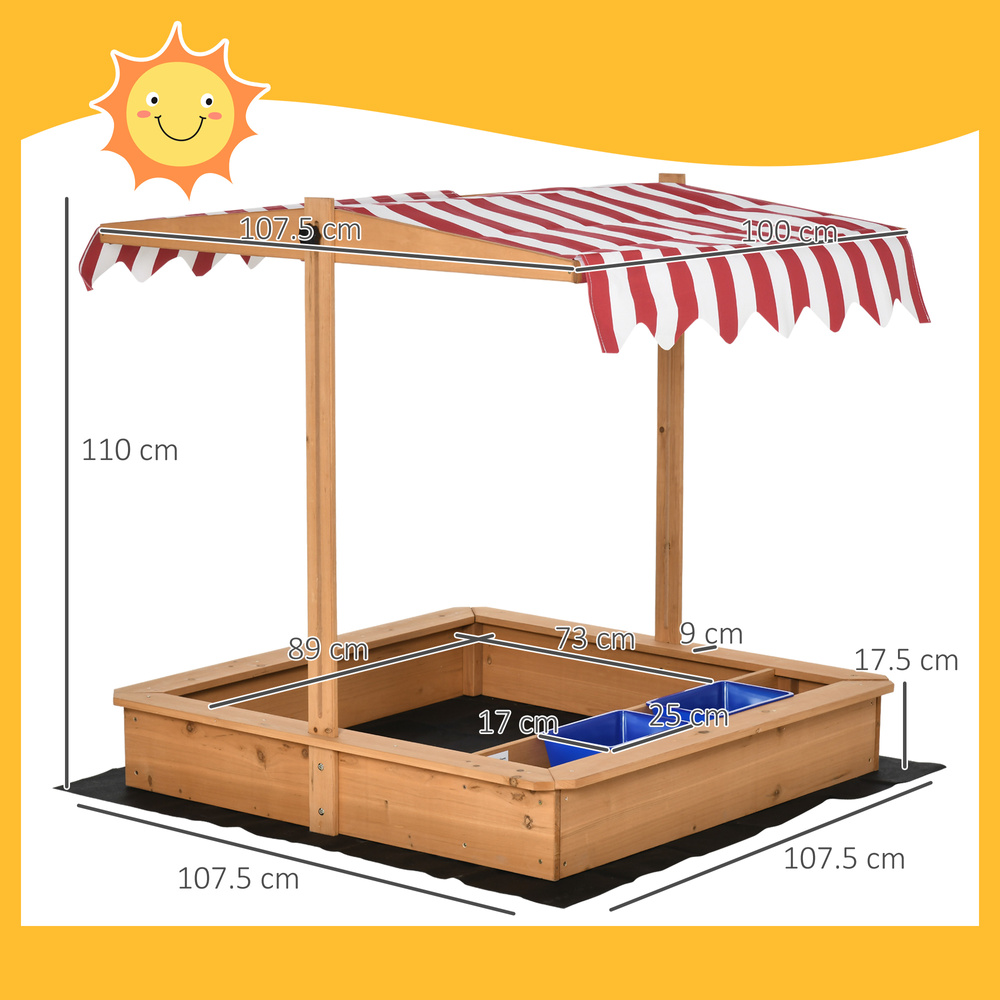 Outsunny Sand Pit Kids Wooden Sandbox with Cover Children Sandpit Play Station Height Adjustable with Canopy, Bottom Liner, Plastic Basins for Outdoor Aged 3-7 Years