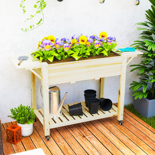 Outsunny 46 x 94cm Wooden Raised Planter, with Shelves - Natural Finish