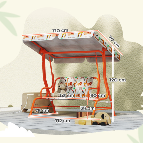 AIYAPLAY Kids Porch Swing, 2-Seater Patio Swing Bench Hammock with Seat Belts, Adjustable Canopy for Garden, Orange