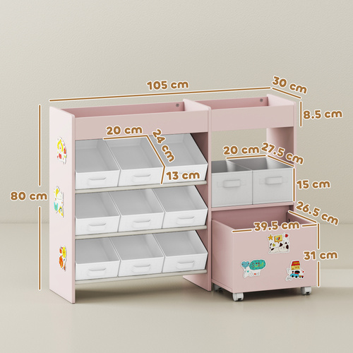 AIYAPLAY Kids Toy Storage Unit with 11 Bins, Cabinet, Top Shelves, 3 Stickers, for Nursery, Playroom, Pink