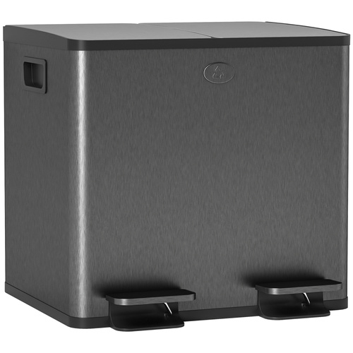 HOMCOM 30L Dual Compartment Stainless Steel Bin, with Deodoriser Holders - Black