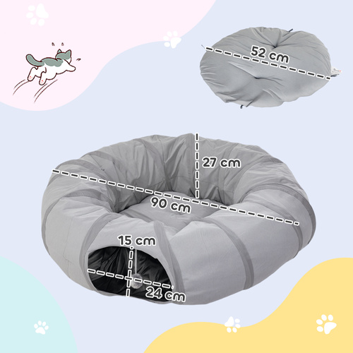 PawHut 2 in 1 Cat Tunnel with Bed, Cat Play Tunnel with Ball & Peek Hole for Indoor Cats, Grey