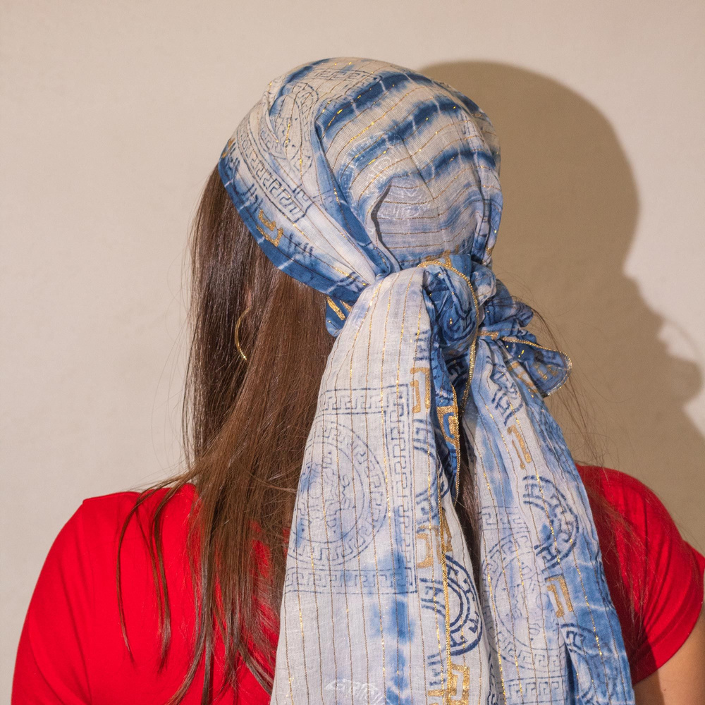 Nomad Sari Summer Marbella Print Scarf - Blue with Gold (180x50cm)