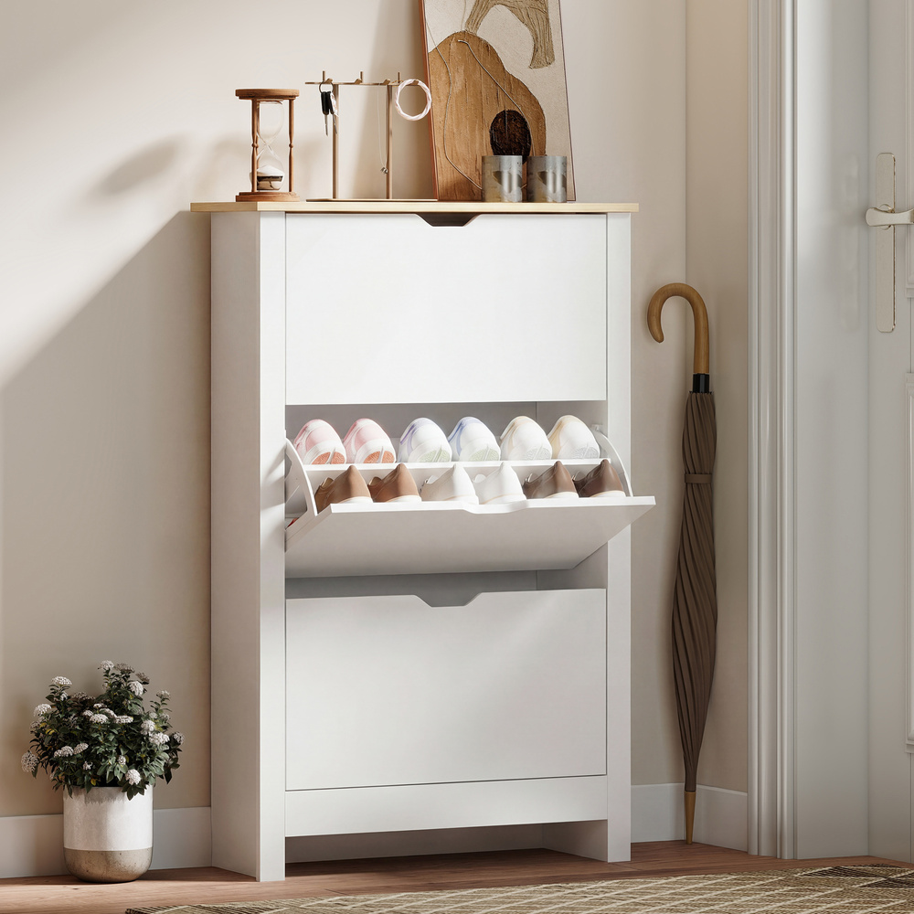 HOMCOM Slim Shoe Cabinet, Narrow Shoe Cupboard with 3 Flip Drawers, Adjustable Shelves for 18 Pairs of Shoes for Hallway, White