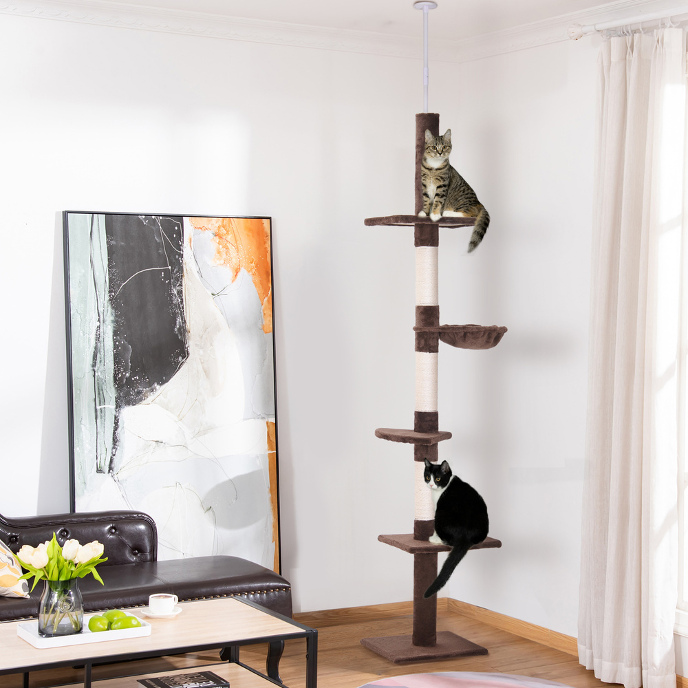 PawHut Floor to Ceiling Cat Tree 230-260cm Height Adjustable, 5-Tier Cat Tower with Scratching Posts, Hammock, Perches, Climbing Activity Centre for Indoor Kittens Playing and Relaxing, Brown