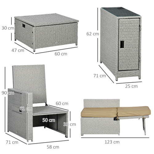 Outsunny 5PC PE Rattan Sun Lounger, Outdoor Wicker 5-level Adjustable Recliner Sofa Bed with Storage Side Table and Footstools, for Patio, Garden, Poolside, Beige