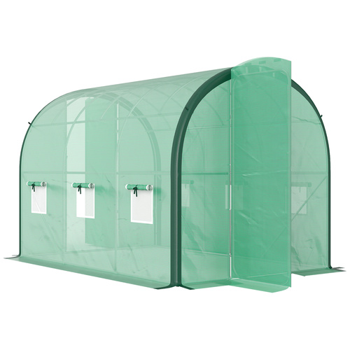 Outsunny 3 x 2 m Polytunnel Greenhouse, with Reinforced PE Cover, Windows and Doors - Green