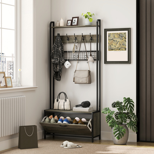 HOMCOM 5-In-1 Industrial-Style Hallway Tree - Grey/Black